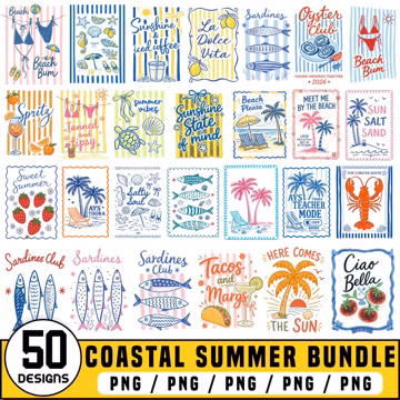 Coastal Summer PNG Bundle, Beach Clipart Bundle, Retro Preppy Coquette Graphics, Ocean Beach Vacation Designs, Sardines Lobster Cocktail