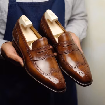 Handmade Brown Leather Penny Loafers for Men, Wingtip Brogue Dress Shoes, Luxury Slip On Formal Shoes, Wedding Groom Loafers