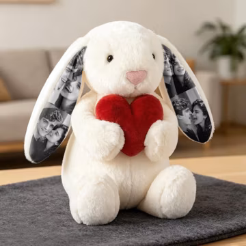 Custom Photo Red Love Heart Bunny Plush Personalized Hidden Ear Picture Bunny Gift for Couples Anniversary Gifts for Chirsmas & Holiday Gift