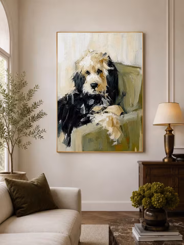 Cozy Dog Painting Hand Painted Large Puppy Canvas Textured Neutral Animal Wall Art