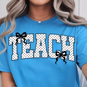 Polka Dot Teach PNG | Black White Varsity Letters | Coquette Bows Shirt Design | Retro Arch Curve | Sublimation Digital Download