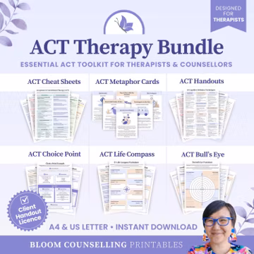 ACT Therapy Bundle | ACT Worksheets, Cheat Sheets, Metaphor Cards, Acceptance Therapy, Counsellor Therapist Toolkit (Digital Download)