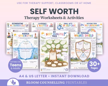 Self Worth Worksheets Bundle, Teen Activities, Anxiety Therapy, Self Esteem Worksheets, CBT ACT Therapist Toolkit (Digital Download)