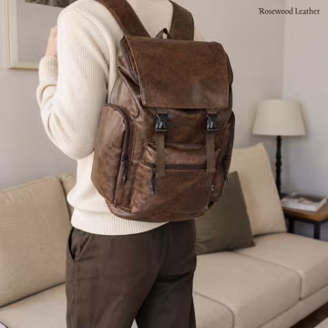 Men’s PU Leather Backpack, Large Business Laptop Bag, Brown or Black Commuter Travel Rucksack with Multiple Pockets