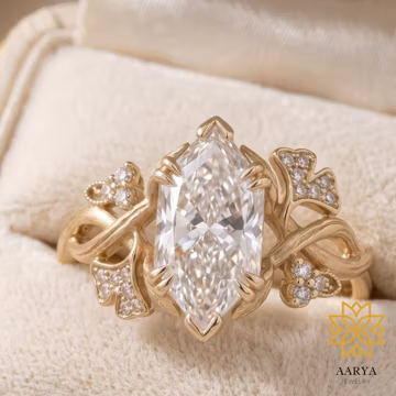 Hexagonal Dutch Marquise Moissanite Engagement Ring,Leaf Vine Gold Engagement Ring, Botanical Bridal Jewelry, Unique Wedding Ring