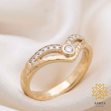 Curved Diamond Wedding Band, Pavé Gold Stacking Ring, Minimalist Chevron Bridal Ring, Handmade Fine Jewelry
