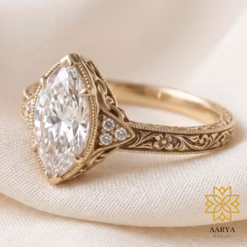 Marquise Cut Moissanite Engagement Ring, Antique Inspired Gold Ring, Floral Engraved Bridal Ring, Anniversary Gift