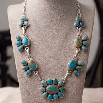 925 Sterling Silver Genuine Turquoise Multi Flower Cluster Necklace