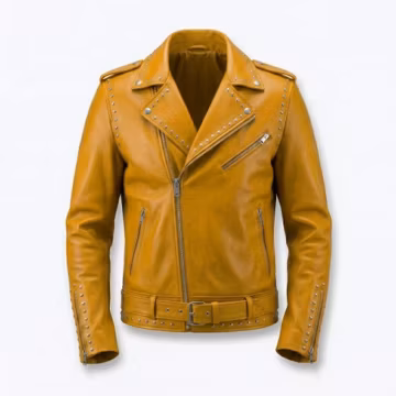Men's Mustard Studded Leather Biker Jacket Punk Rock Motorcycle Coat