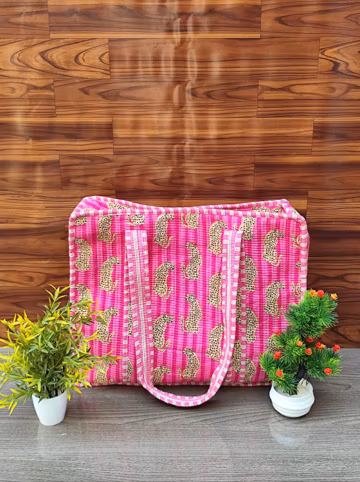 Handmade Quilted Cotton Tote, Pink Leopard Print Zipper Shoulder Bag, Gift for Her