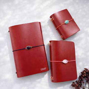 Personalized Leather Journal A5, Trifold Travelers Notebook Cover, Refillable Planner with Gemstone Charm, Custom Foil Stamping