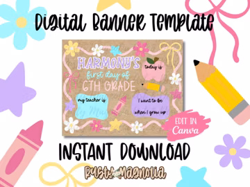 First Day of School Banner Template | Pastel Bows, Flowers, Apple (Digital Download)
