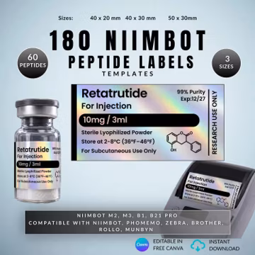 NIIMBOT Peptide Labels | Custom Holographic Thermal Labels | 40×20mm & 50×30mm Canva Template