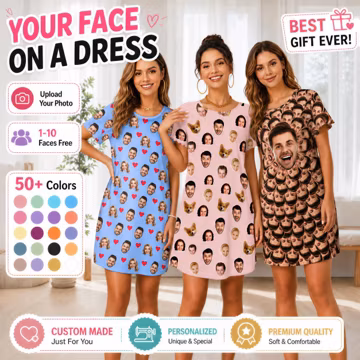 Custom Face Pajama Dress, Personalized Photo Sleepwear, Birthday Gift,Monther's Day Gift