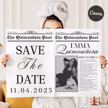 Quinceañera Save the Date Newspaper, Canva Editable Birthday Newspaper Template, Custom Newspaper Large,Photo Prop Keepsake,Digital Download