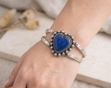 Vintage Lapis Lazuli Heart Cuff Bracelet – Handmade Sterling Silver Western Boho Statement Jewelry