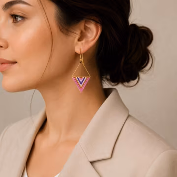 Pink Miyuki Beaded Earrings, Geometric Triangle Earrings, Handmade Seed Bead Dangle Earrings, Boho Jewelry, Gift for Her
