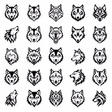 Wolf Face SVG Icons Bundle – 25 Unique Black Outline Wolf Head Designs, Bold Line Art, White Background, Cricut Silhouette Cut Files