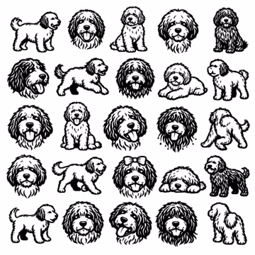 Barbet SVG Bundle – 25 Distinct Curly Canine Illustrations, Solid Ink Outline, Pure White Background, Cricut Silhouette Cutting Files