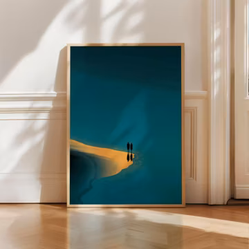 Couple at Shore Silhouette Print | Abstract Teal Gold Wall Art, Minimalist Ocean Poster, Scandinavian Living Room Decor, Modern Coastal Art