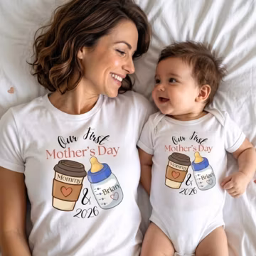 Personalized First Mother's Day Shirts, Matching Mommy and Me Outfit, Cotton T-Shirt & Bodysuit