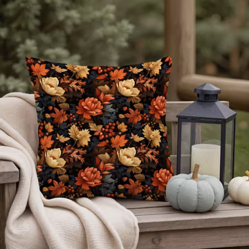 Dark Autumn Floral Pillow Cover: Orange Cream Flowers and Red Berry Botanical Decor