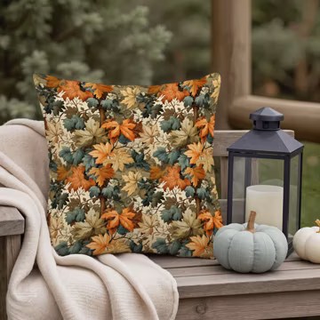 Autumn Maple Leaf Pillow Cover: Orange Teal and Cream Botanical Foliage Decor