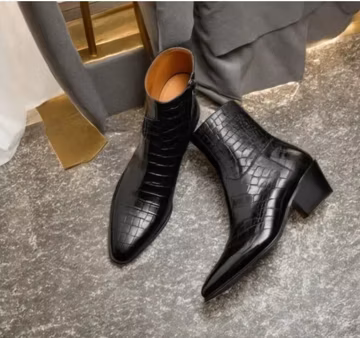 Handmade men black crocodile texture zipper ankle boots, cuban heel boots for men