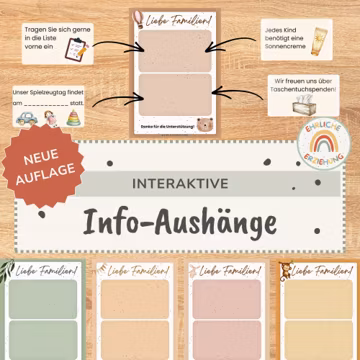 Interaktiver Kita Aushang Klett | Kärtchen Set Kindergarten Infotafel Elternbriefe Wechselwäsche Sonnencreme | Organisation Gruppe Garderobe
