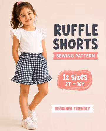 Girls Ruffle Shorts Sewing PDF, Kids Summer Bottoms, DIY Elastic Waist