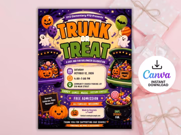 Trunk or Treat Flyer Template, Kids Church School Halloween Event, Editable Printable Canva Template