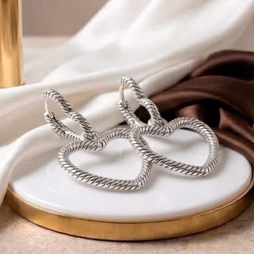 Twisted Rope Heart Hoops, Sterling Silver Dangle Earrings Romantic Style.