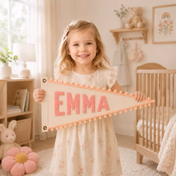 Custom Baby Name Pennant Flag, Handmade Embroidered Nursery Banner, Kids Room Door Sign, Unique Baby Shower Gift