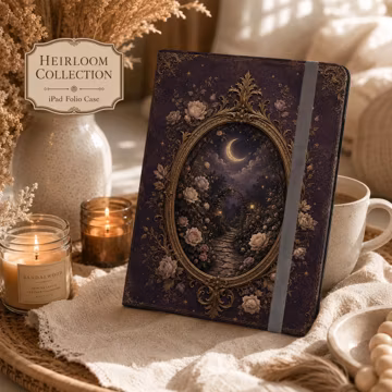 Moonlit Rose Garden iPad Folio Case - Dark Academia Floral Crescent Moon Gold Baroque Wallet Cover