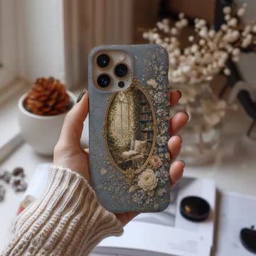 Library Window Phone Case, Vintage Floral iPhone Cover, Blue Bookish Case, Romantic Cottagecore Reader Gift for Her, Elegant Reading Case