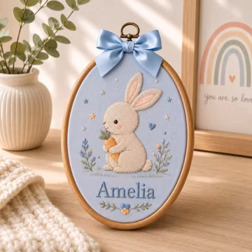 Personalized Baby Name Embroidery Hoop, Custom Nursery Wall Decor, Cute Animal Art, Wooden Oval Frame with Bow, Newborn Baby Shower Keepsake