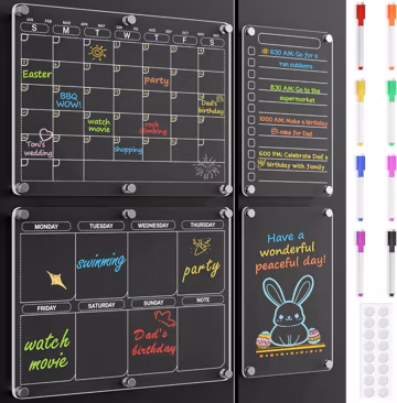 Magnetic Acrylic Fridge Calendar Set, Dry Erase Planner Board, Kitchen Organizer, 8 Markers