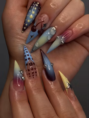 Custom Eclectic Press on Nails with Polka Dots, 3D Cherries, Ombre Gradient & Silver Beads, Extra Long Stiletto, Y2K Pop Art Style