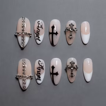 Custom Press on Nail Fake Nails with Rhinestone Cross,Angel Script,Silver Studs,Reusable Press Ons,Full Cover Nail Tips,Elegant Manicure Set