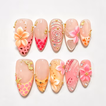 Custom Tropical Pink 3D Floral Press on Nails, Gold Seahorse Rhinestone Almond Fake Nails, Warm Summer Beach Reusable Glue On Nails