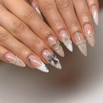 Custom Press on Nail Elegant White French Tip Nails with Silver Cross Pearls – 3D Floral & Lace Design, Almond Shape Press On Nails