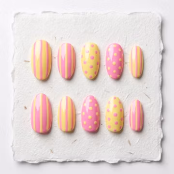 Pastel Pink Yellow Striped Polka Dot Oval Press On Nails: Retro Summer Set