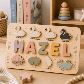 Personalized Swan Name Puzzle, Custom Wooden Montessori Puzzle, Swan Learning Toy, Baby Name Puzzle, Swan Lake Nursery Decor
