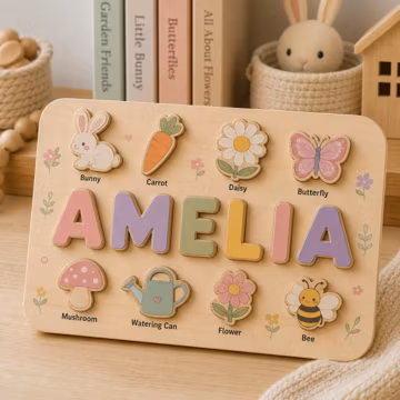 Personalized Bunny Name Puzzle, Custom Wooden Montessori Puzzle, Bunny Learning Toy, Baby Name Puzzle, Woodland Nursery Decor