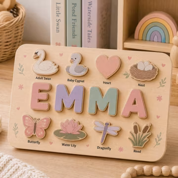 Personalized Swan Name Puzzle, Custom Wooden Montessori Puzzle, Baby Name Puzzle, Wooden Learning Toy, Swan Nursery Decor