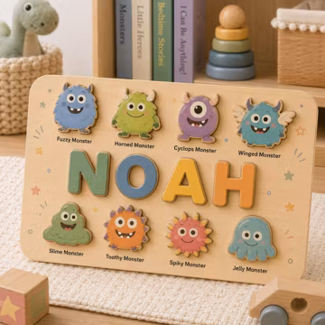 Personalized Monster Name Puzzle, Custom Wooden Montessori Puzzle, Cute Monster Learning Toy, Baby Name Puzzle, Boy Birthday Gift