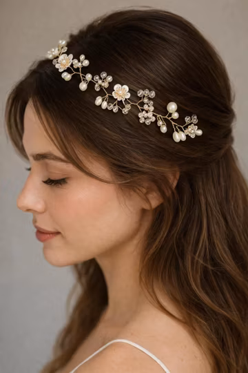 Pearl Bridal Vine, Gold Wedding Headpiece, Crystal Floral Hair Accessory, Romantic Hairpiece