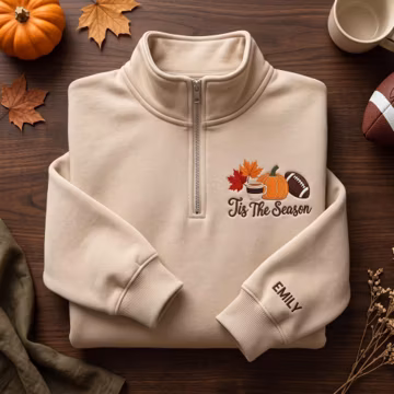Custom Name Embroidered Football Quarter Zip Pumpkin Coffee Fall Pullover Personalized Game Day Gift For Sports Mom Autumn Tailgate Sweater