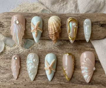 3D Ocean Shell Press On Nails, Mermaid Core Starfish Fake Nails