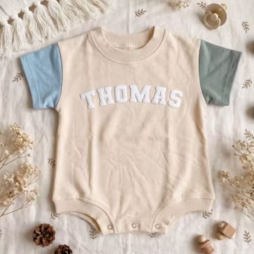 Personalized Color Block Baby Romper, Custom Puff Name Onesie, Neutral Baby Clothes, Newborn Gift